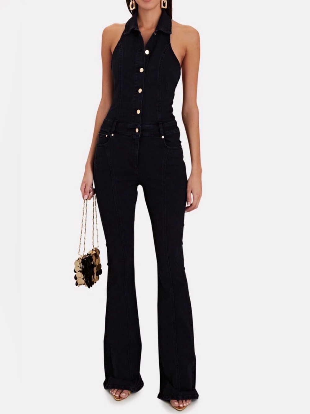 NWT Retrofete Rhode Halter Black Denim Jumpsuit, Sz